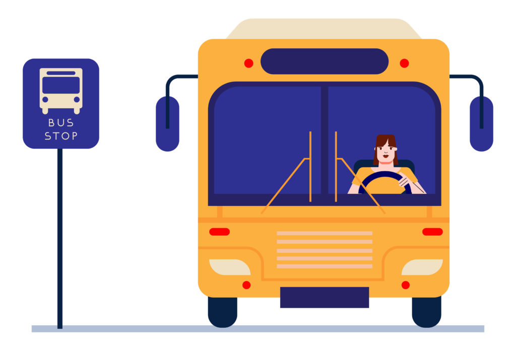 Image représentant un bus, stoppé à un arrêt, avec son chauffeur